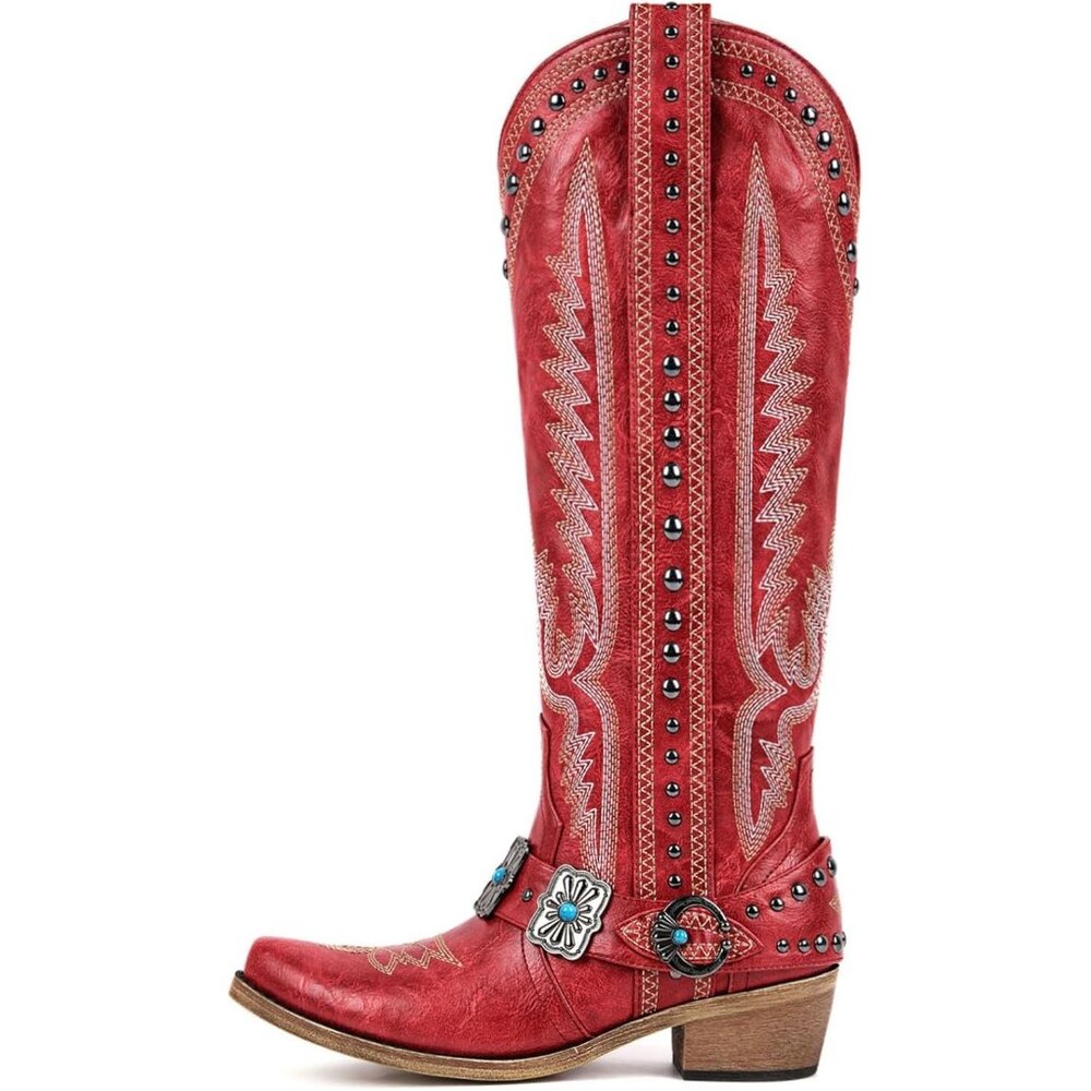 Women's Red Leather Embroidered Knee High Chunky Heels Western Cowgirl Boots - Picture 4 of 6